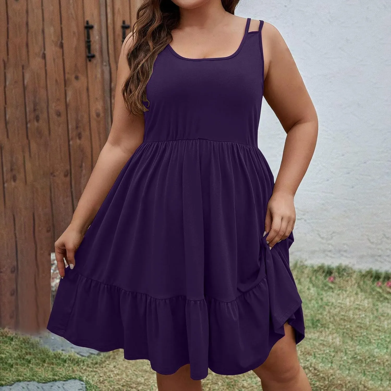 JOAU Womens Plus Size Summer Scoop Neck Sleeveless Sundress Casual Swing Tiered Ruffle Beach A Line Knee Length Tank Dress