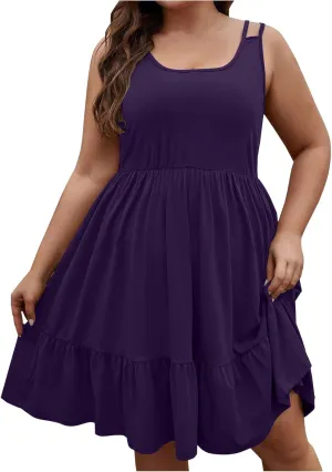 JOAU Womens Plus Size Summer Scoop Neck Sleeveless Sundress Casual Swing Tiered Ruffle Beach A Line Knee Length Tank Dress