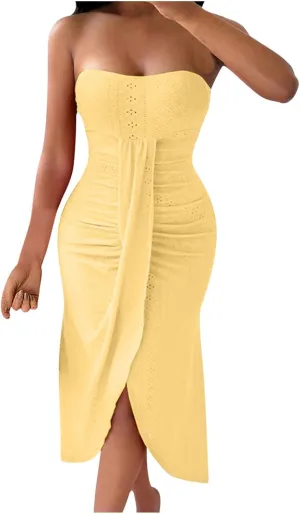 JOAU Womens Summer Tube Top Midi Dress 2024 Strapless Hollow Out Bodycon Eyelet Dresses Ruched Front Slit Vacation Outfits