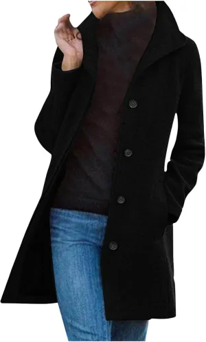 jsaierl Women's Warm Single Breasted Peacoat Mid Long Trench Coat Fall Winter Fashion Elegant Jackets Overcoat Windbreaker