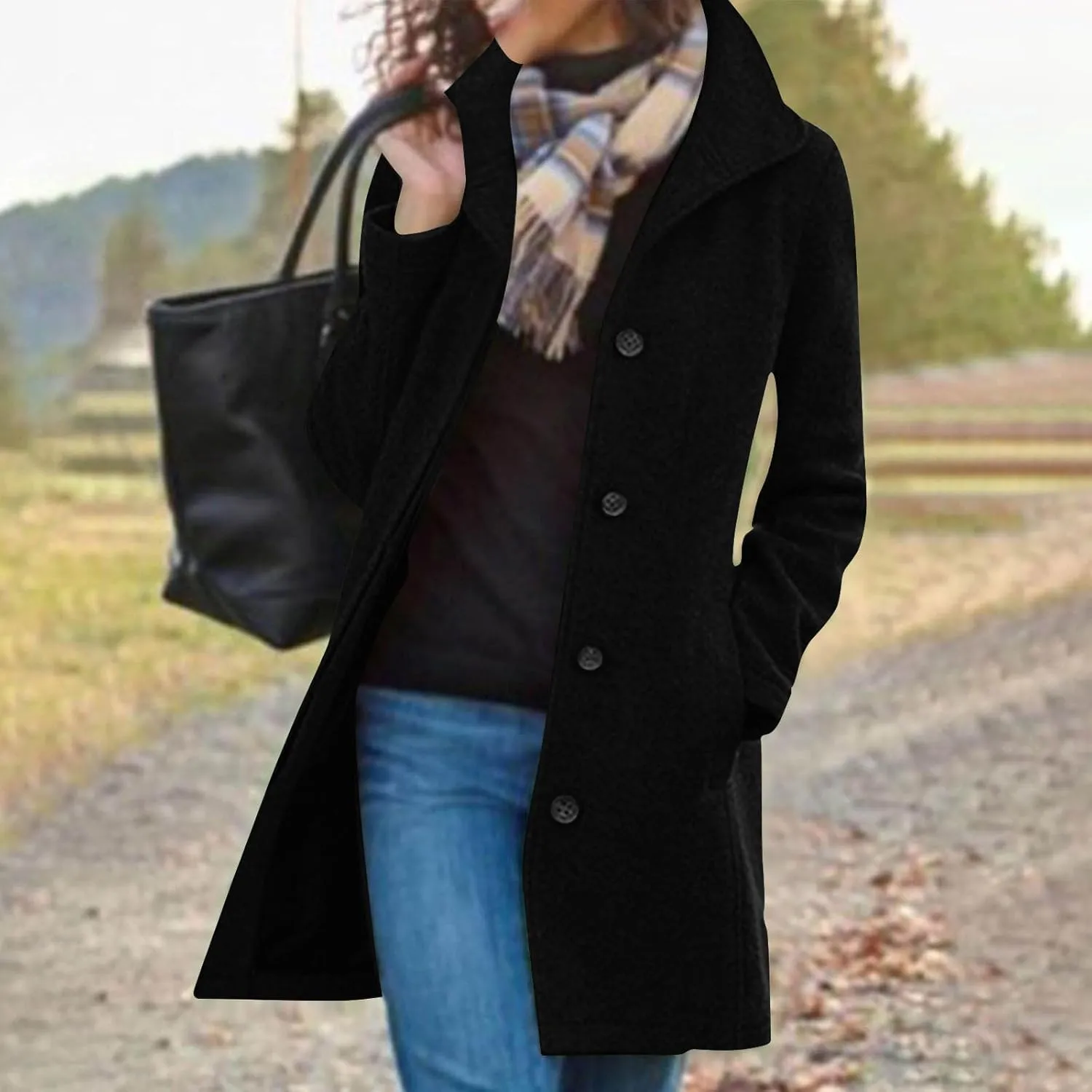 jsaierl Women's Warm Single Breasted Peacoat Mid Long Trench Coat Fall Winter Fashion Elegant Jackets Overcoat Windbreaker
