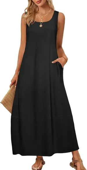 Kubbon Summer Maxi Dresses for Women Scoop Neck Sleeveless Tank Dress Casual Loose Flowy A Line Sundress with Pockets