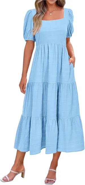 Kubbon Women's Boho Summer Dresses Puff Sleeve Square Neck Maxi Dresses Smocked Elastic Waist Tiered Midi Dress with Pockets
