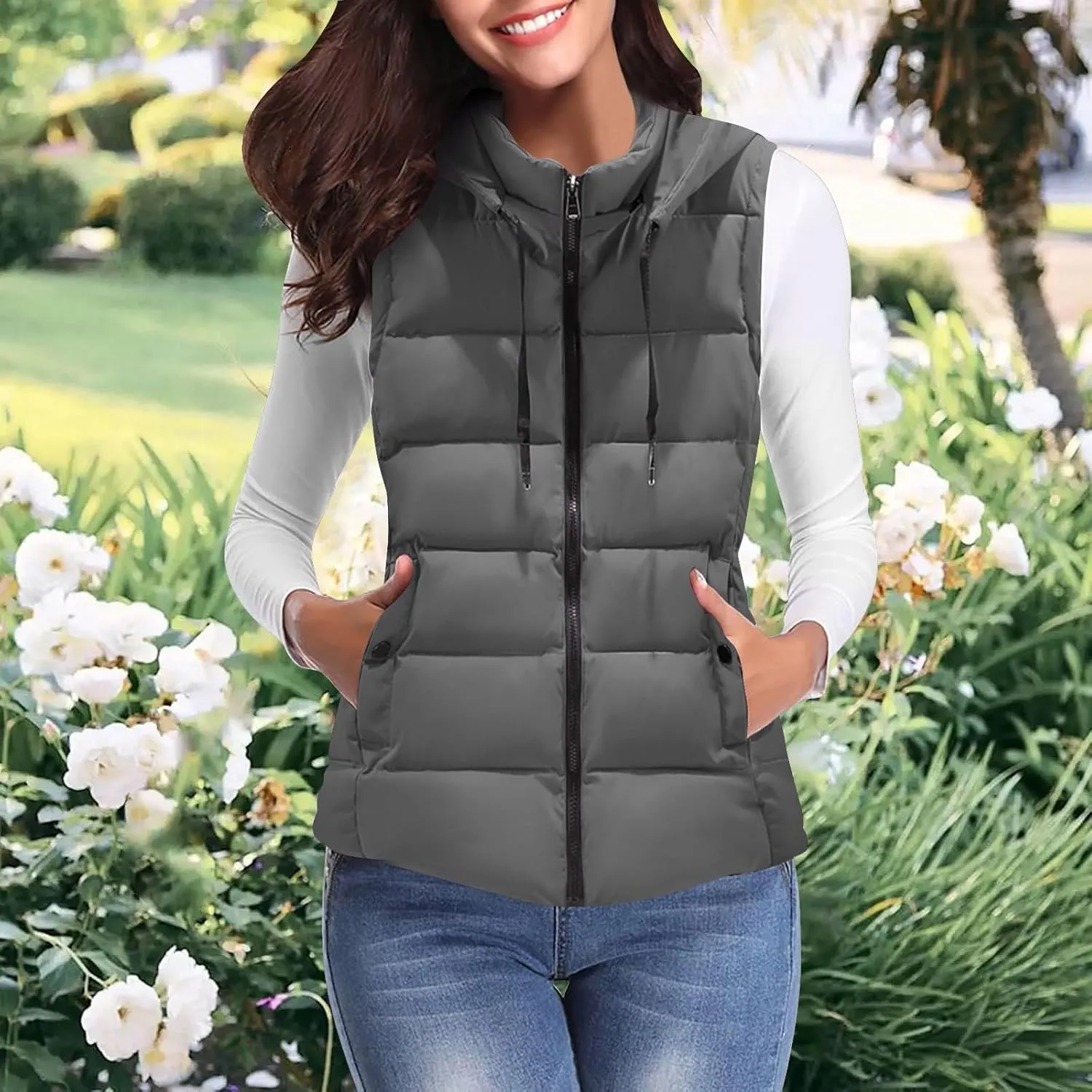 LCMTWX Black Puffer Vest Vest European and American Cotton Jackets Color Stand-up Collar Zipper Plus Size Winter Warm Black