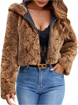 Leopard Print Jacket for Women Winter Faux Fur Coat Zip Up Fuzzy Jacket Fleece Hoodie Coat Plus Size Warm Coat