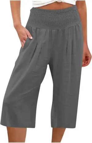 Linen Capri Pants for Women Summer Wide Leg Capri Pants Palazzo Lounge Cropped Pants Pockets Comfy Pajama Capri Pants