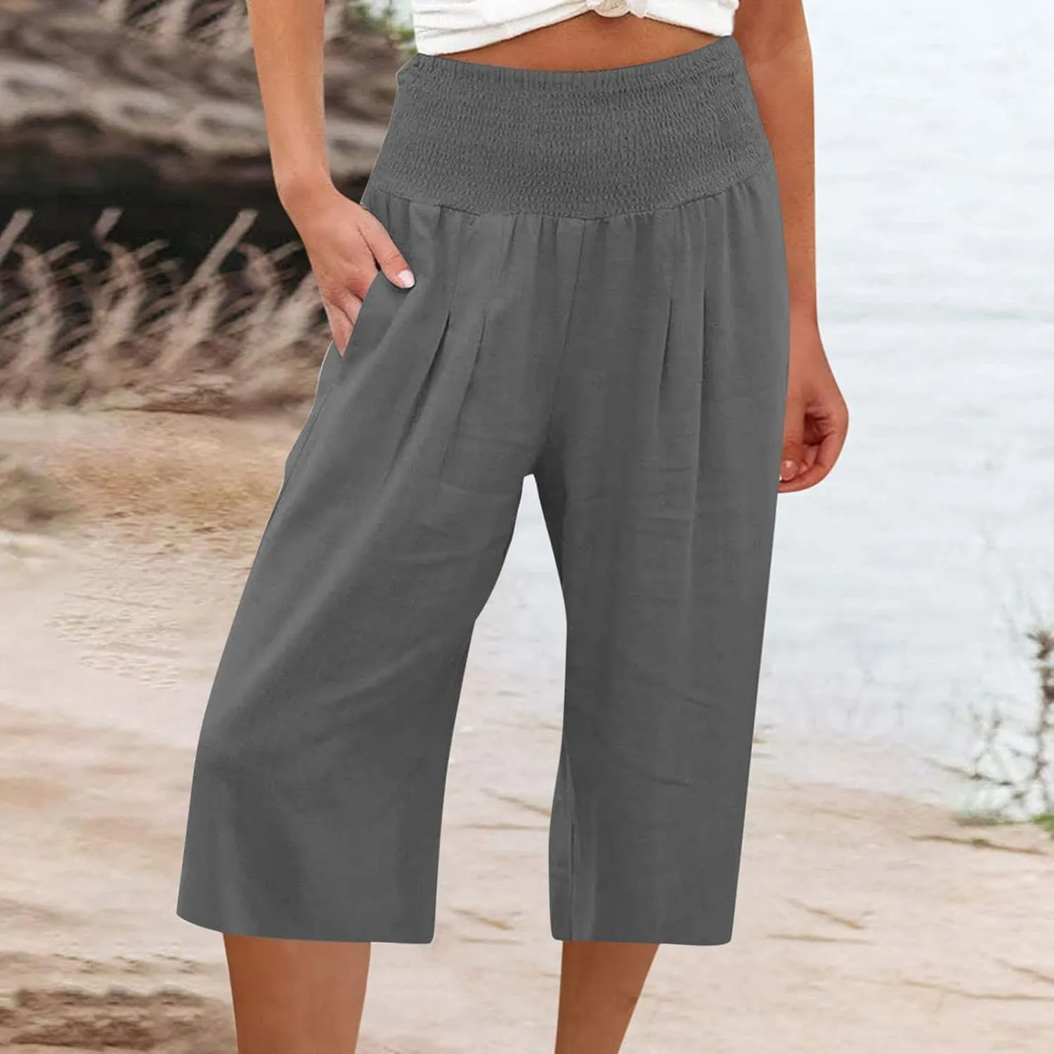 Linen Capri Pants for Women Summer Wide Leg Capri Pants Palazzo Lounge Cropped Pants Pockets Comfy Pajama Capri Pants
