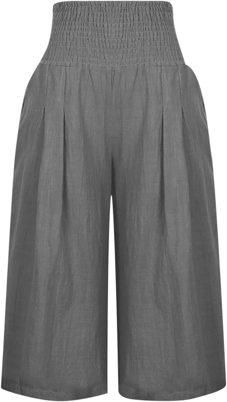 Linen Capri Pants for Women Summer Wide Leg Capri Pants Palazzo Lounge Cropped Pants Pockets Comfy Pajama Capri Pants