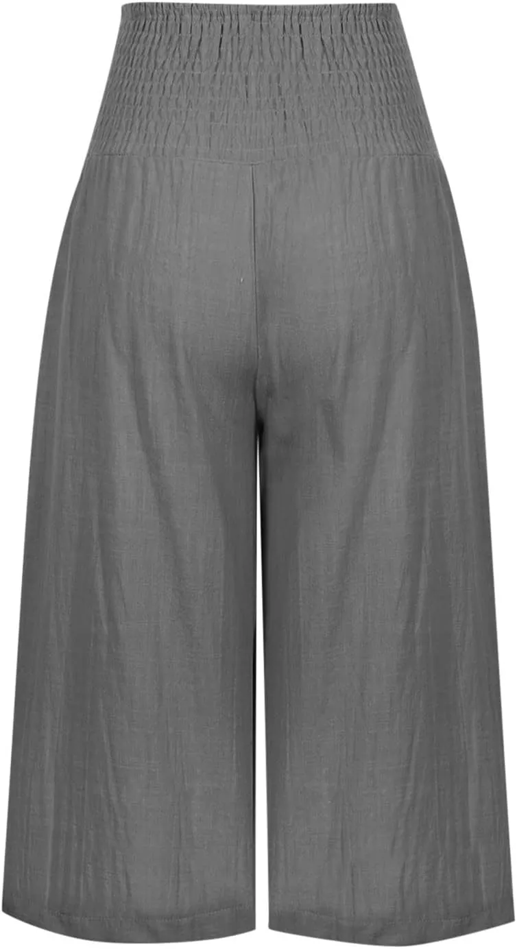 Linen Capri Pants for Women Summer Wide Leg Capri Pants Palazzo Lounge Cropped Pants Pockets Comfy Pajama Capri Pants
