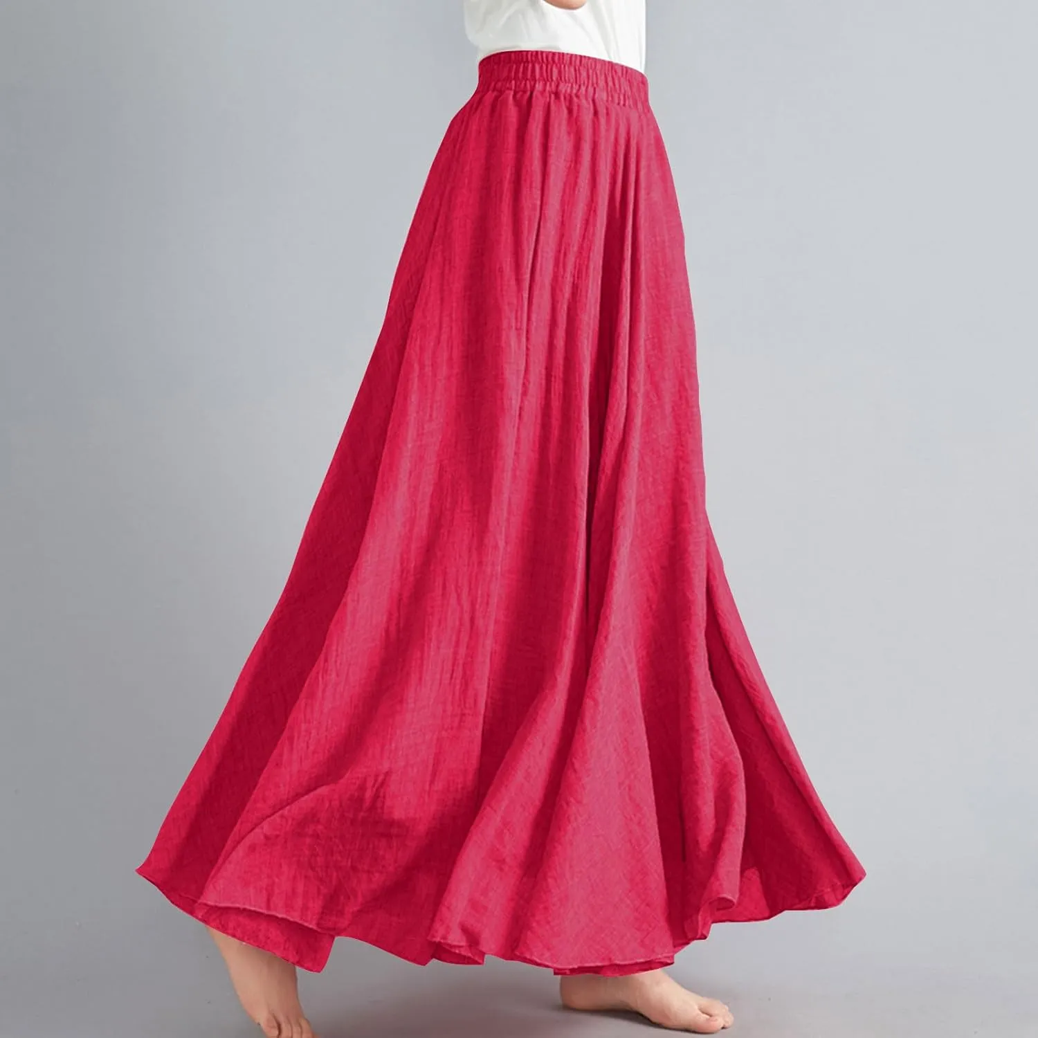 Linen Maxi Skirts for Women Flowy Swing A-Line Skirt Ankle Length Elastic High Waist Summer Beach Vacation Clothes
