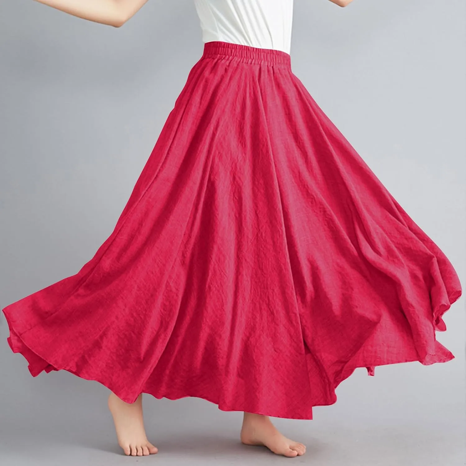 Linen Maxi Skirts for Women Flowy Swing A-Line Skirt Ankle Length Elastic High Waist Summer Beach Vacation Clothes