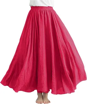 Linen Maxi Skirts for Women Flowy Swing A-Line Skirt Ankle Length Elastic High Waist Summer Beach Vacation Clothes