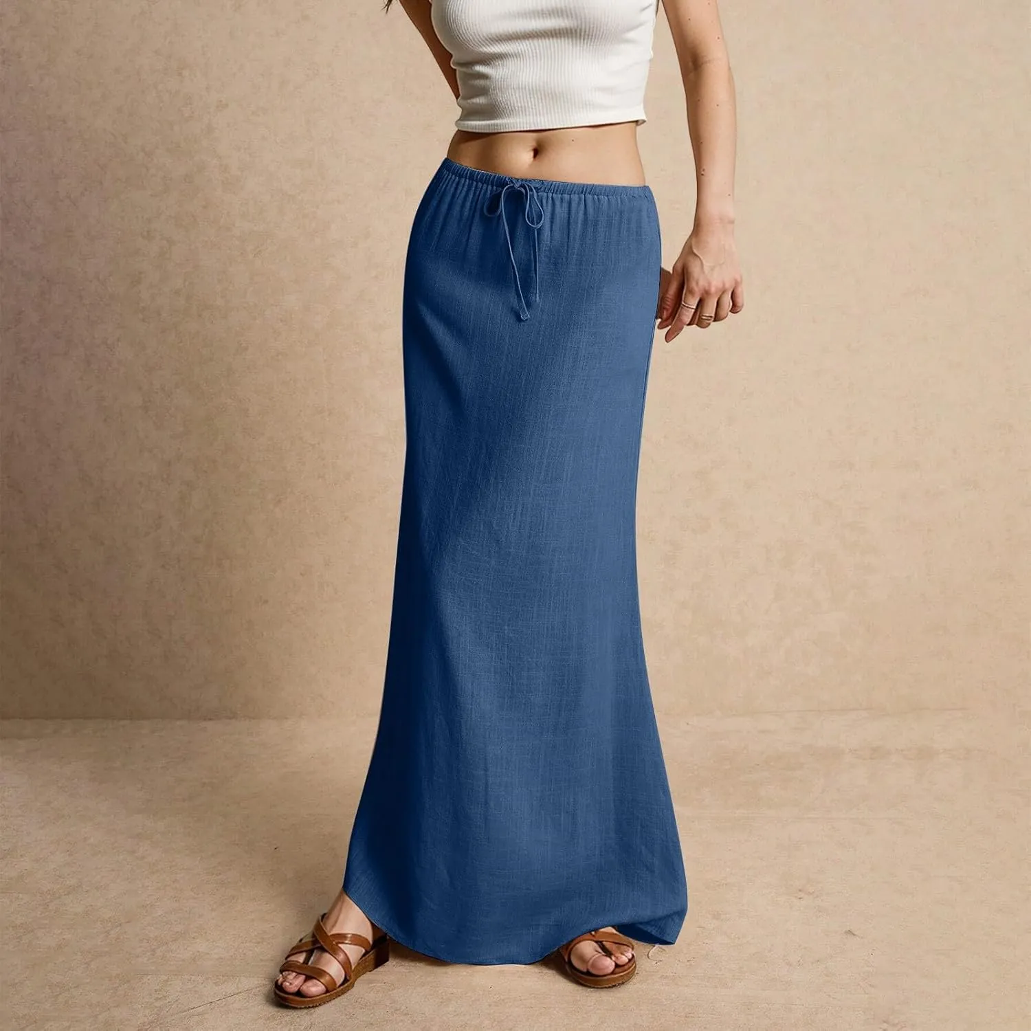 Linen Maxi Skirts for Women Trendy Summer Casual Low Waisted Drawstring A Line Skirt Boho Long Flowy Skirts