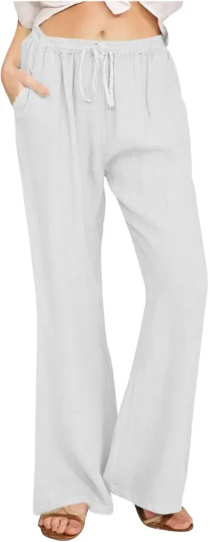 Linen Pants Women Cotton Linen Summer Palazzo Pants Flowy Wide Leg Beach Trousers Vacation Travel Pants with Pockets