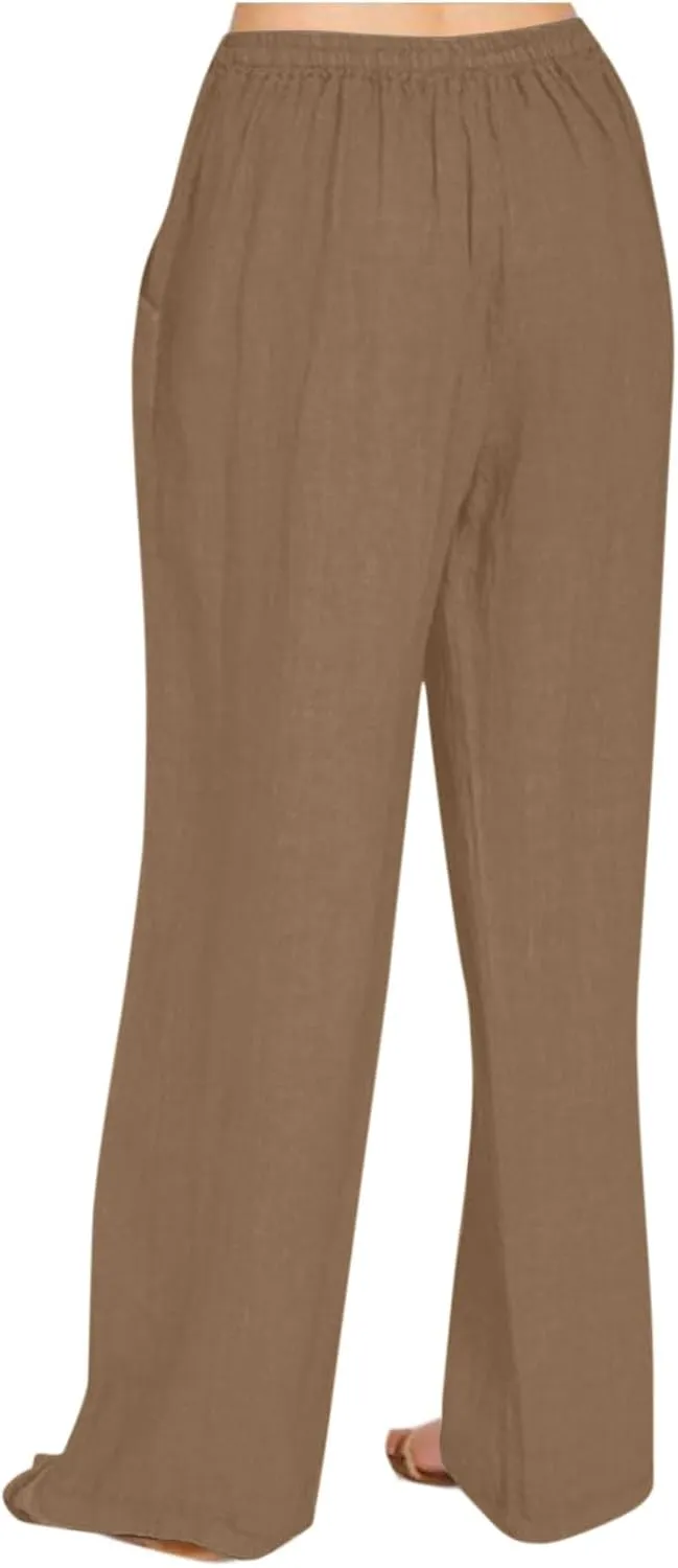 Linen Pants Women Summer Drawstring Waist Wide Leg Loose Cotton Linen Palazzo Pants Vacation Beach Pants with Pockets