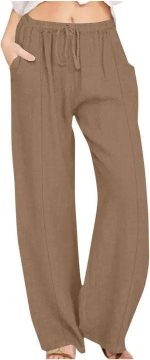 Linen Pants Women Summer Drawstring Waist Wide Leg Loose Cotton Linen Palazzo Pants Vacation Beach Pants with Pockets