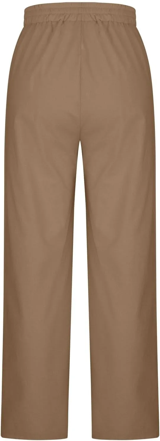 Linen Pants Women Summer Drawstring Waist Wide Leg Loose Cotton Linen Palazzo Pants Vacation Beach Pants with Pockets