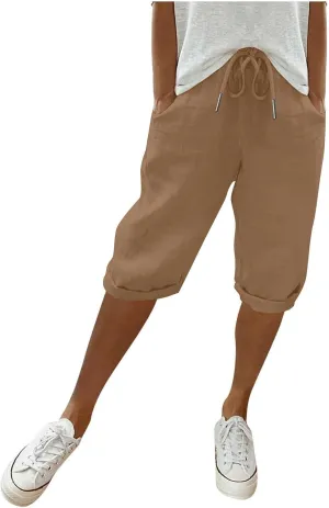 Linen Shorts for Women Knee Length 2025 Striped Bermuda Shorts Summer Casual Elastic Waisted Shorts with Pockets