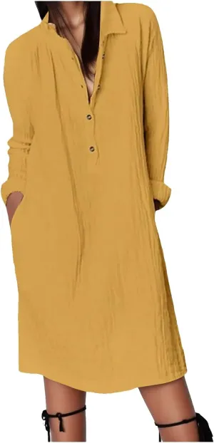 Linen Tunic Dress Women Summer Lounge Half Button Down Long Sleeve Business Work Dress College Spring Break Outfit Gift