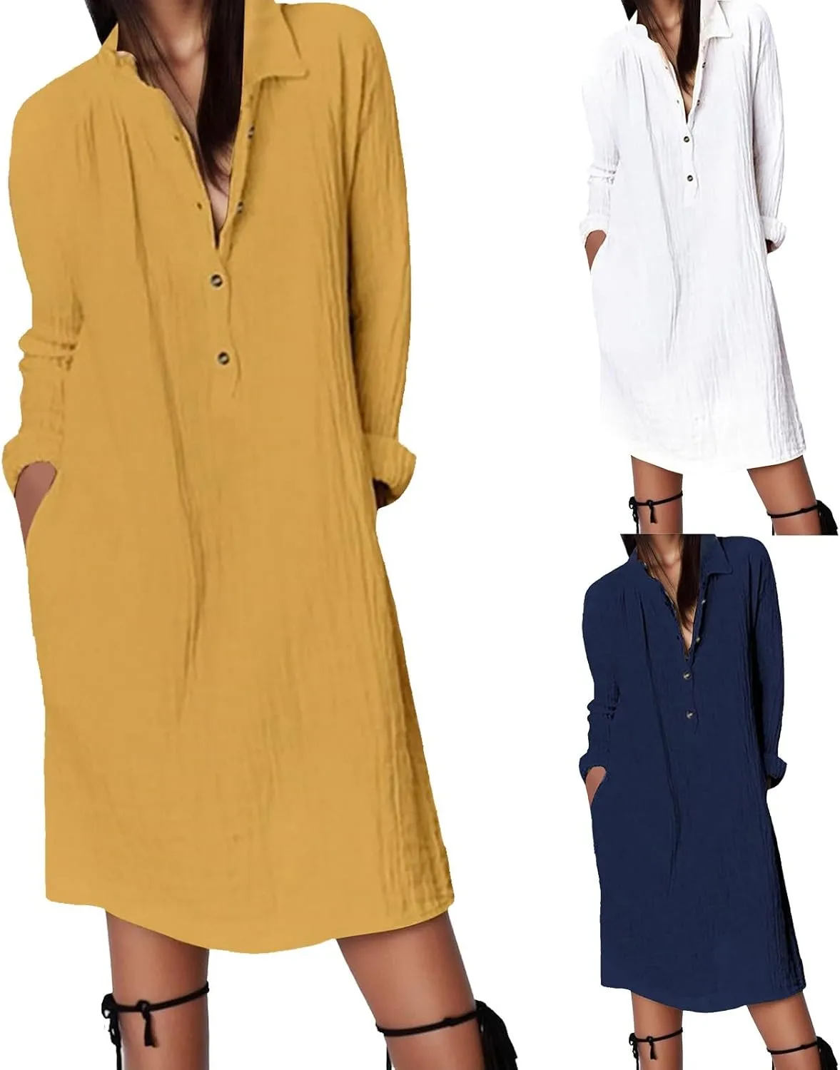 Linen Tunic Dress Women Summer Lounge Half Button Down Long Sleeve Business Work Dress College Spring Break Outfit Gift