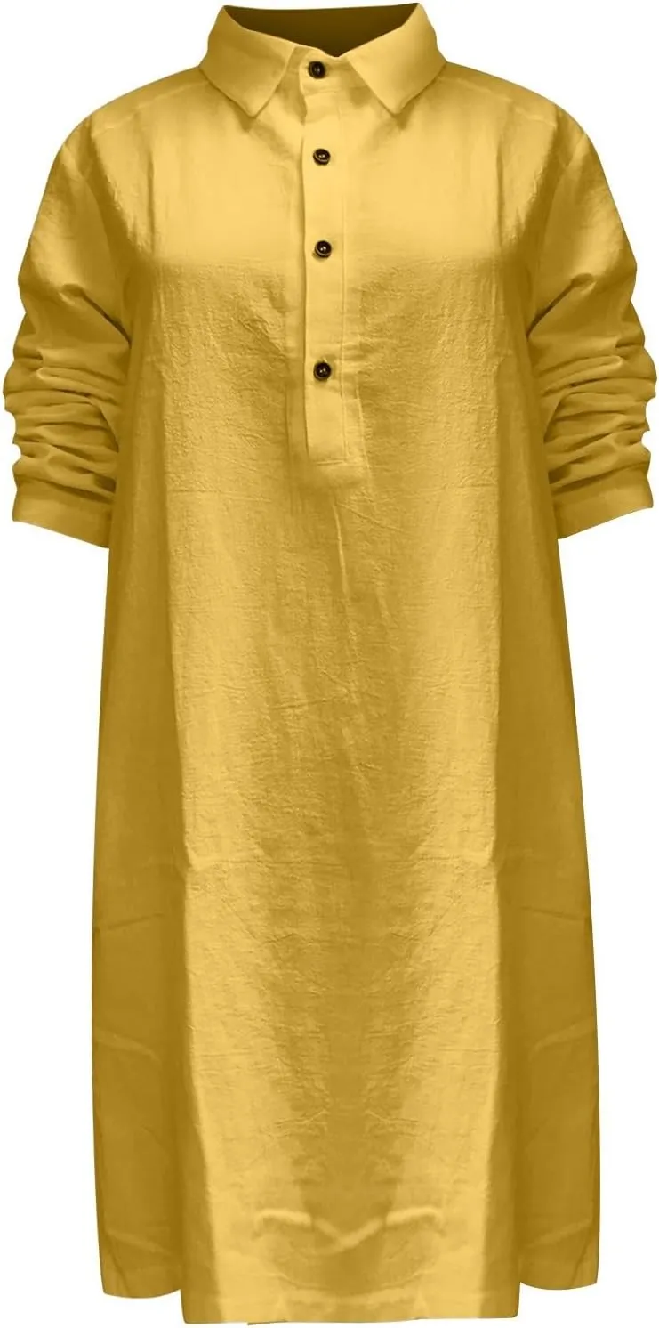 Linen Tunic Dress Women Summer Lounge Half Button Down Long Sleeve Business Work Dress College Spring Break Outfit Gift