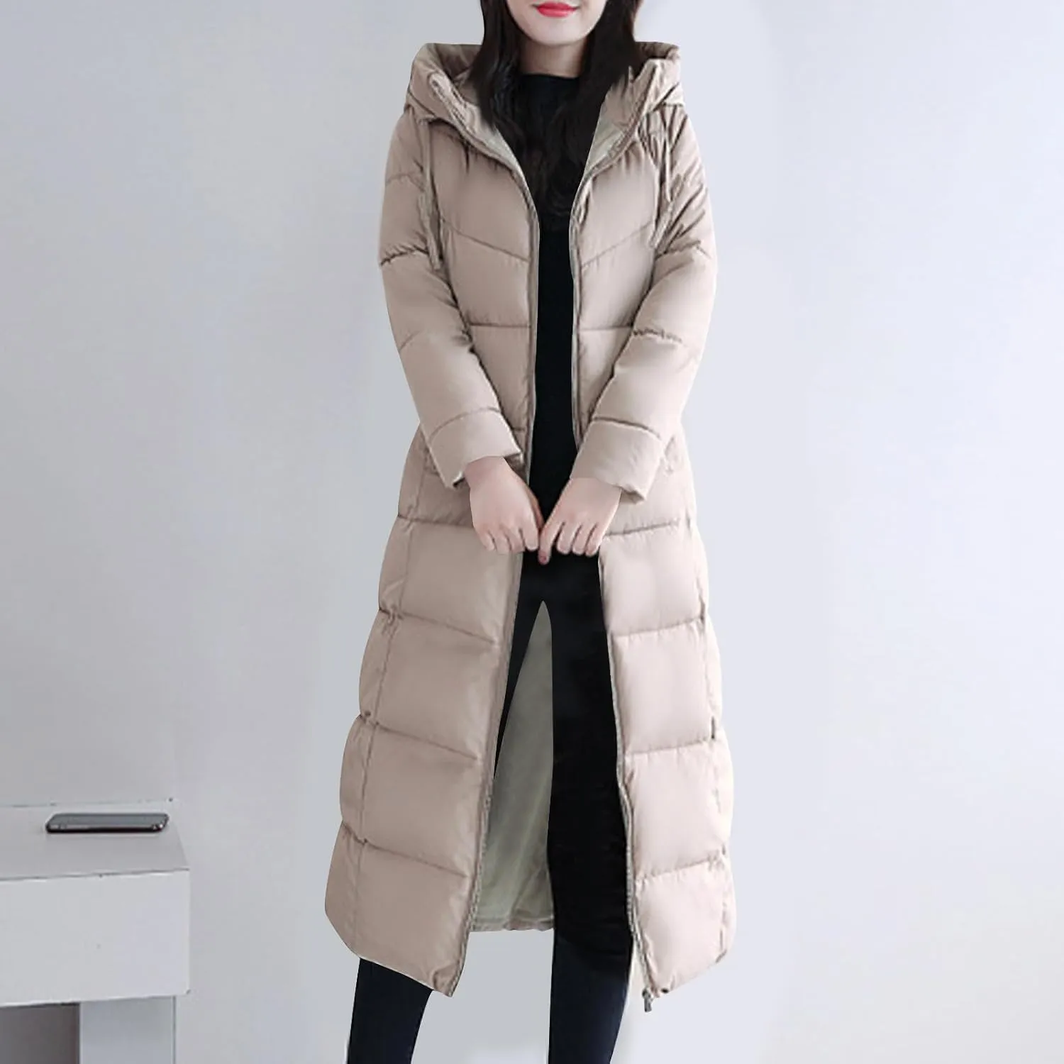 Lmdudan Plus Size Long Quilted Coat for Women Puffer Jackets Hooded Zip Up Casual Thickened Down Jacket Warm Comfy Outerwear