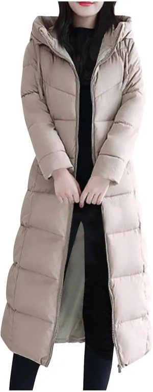 Lmdudan Plus Size Long Quilted Coat for Women Puffer Jackets Hooded Zip Up Casual Thickened Down Jacket Warm Comfy Outerwear