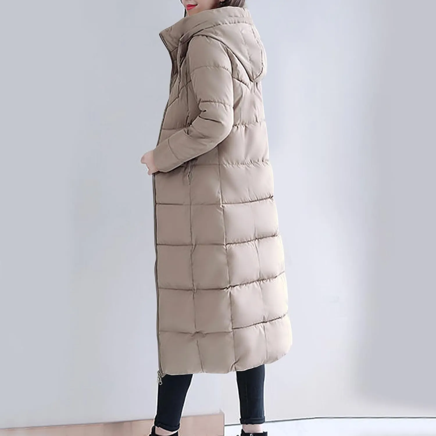 Lmdudan Plus Size Long Quilted Coat for Women Puffer Jackets Hooded Zip Up Casual Thickened Down Jacket Warm Comfy Outerwear