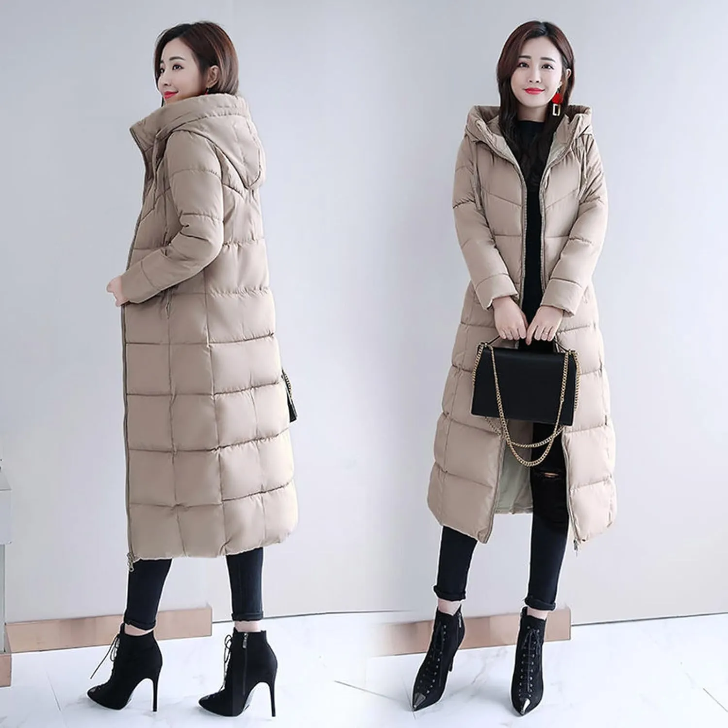 Lmdudan Plus Size Long Quilted Coat for Women Puffer Jackets Hooded Zip Up Casual Thickened Down Jacket Warm Comfy Outerwear