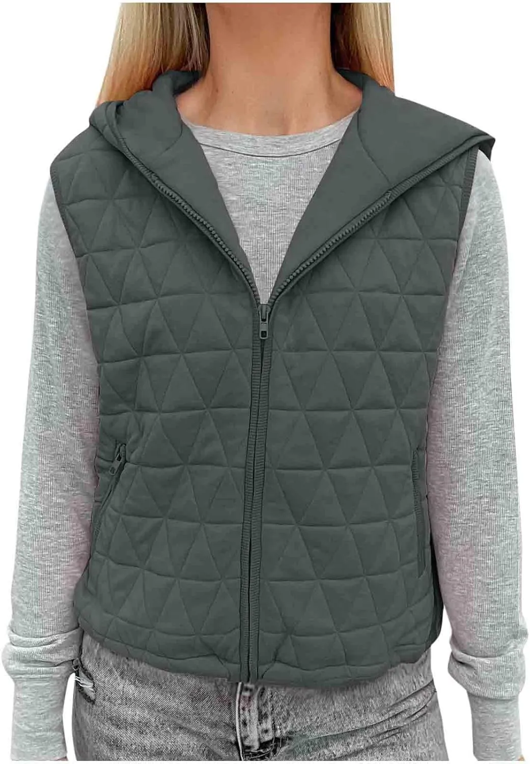 Lmdudan Women's 2024 Fall Vest Casual Sleeveless Hooded Zip Up Jacket Trendy Lightweight Winter Coat Outerwear with Pockets