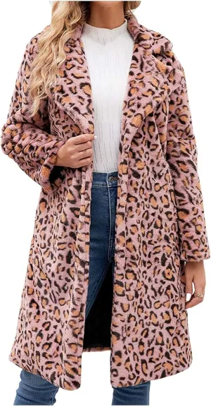 Lmdudan Womens 2024 Winter Faux Fur Coat Leopard Print Fleece Long Jacket Retro Lapel Warm Overcoat Plus Size Trench Coats