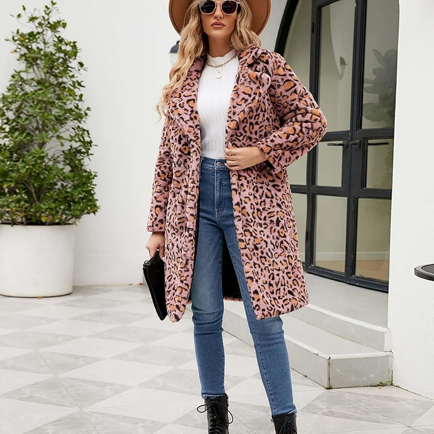 Lmdudan Womens 2024 Winter Faux Fur Coat Leopard Print Fleece Long Jacket Retro Lapel Warm Overcoat Plus Size Trench Coats