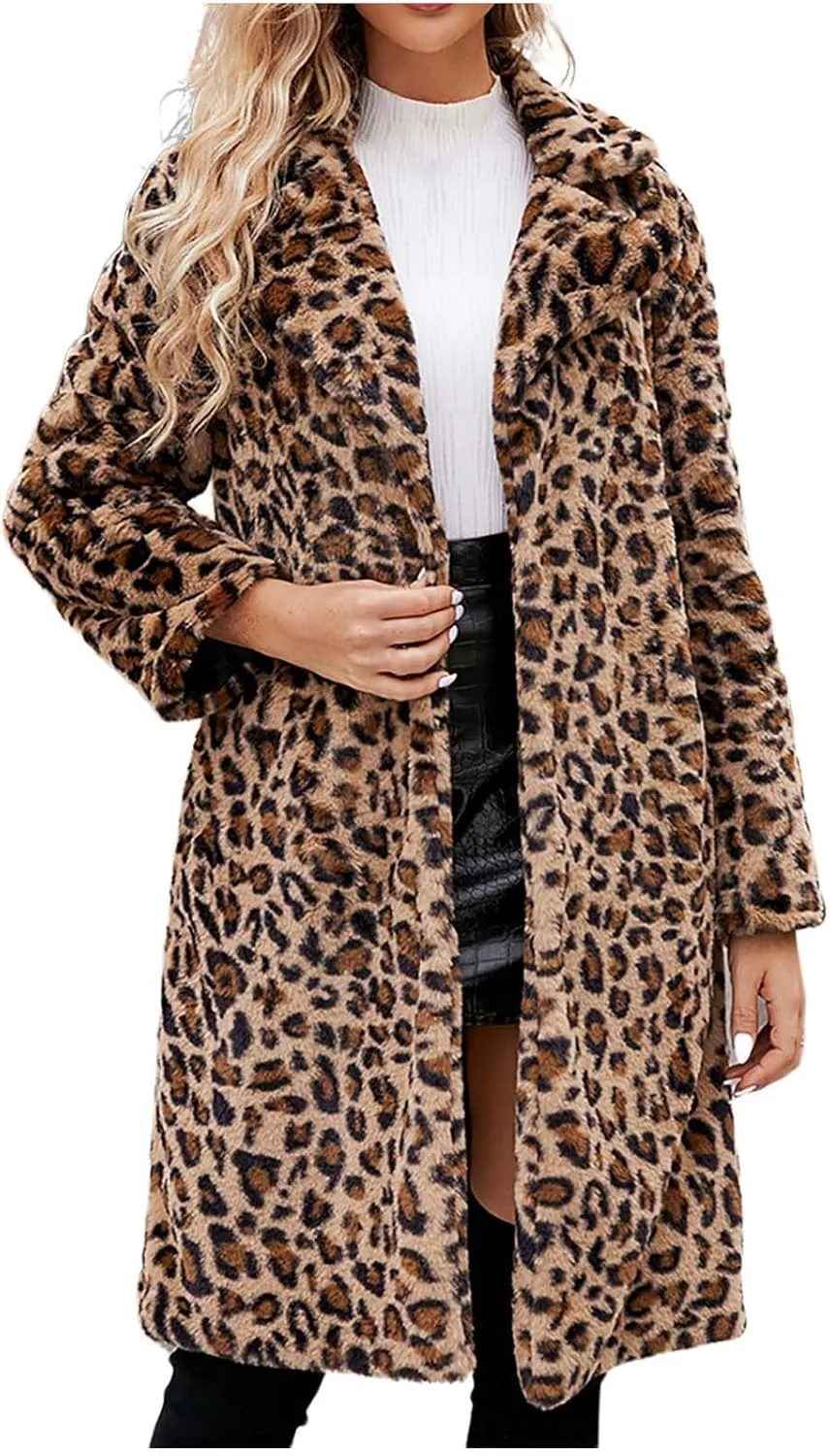 Lmdudan Womens 2024 Winter Faux Fur Coat Leopard Print Fleece Long Jacket Retro Lapel Warm Overcoat Plus Size Trench Coats