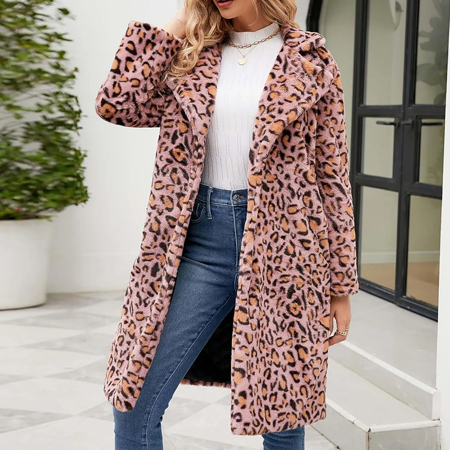 Lmdudan Womens 2024 Winter Faux Fur Coat Leopard Print Fleece Long Jacket Retro Lapel Warm Overcoat Plus Size Trench Coats