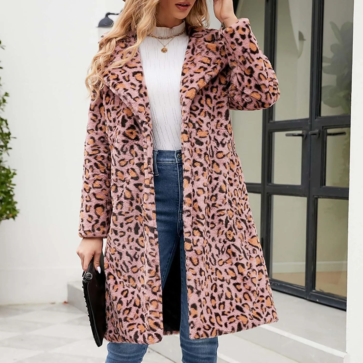 Lmdudan Womens 2024 Winter Faux Fur Coat Leopard Print Fleece Long Jacket Retro Lapel Warm Overcoat Plus Size Trench Coats