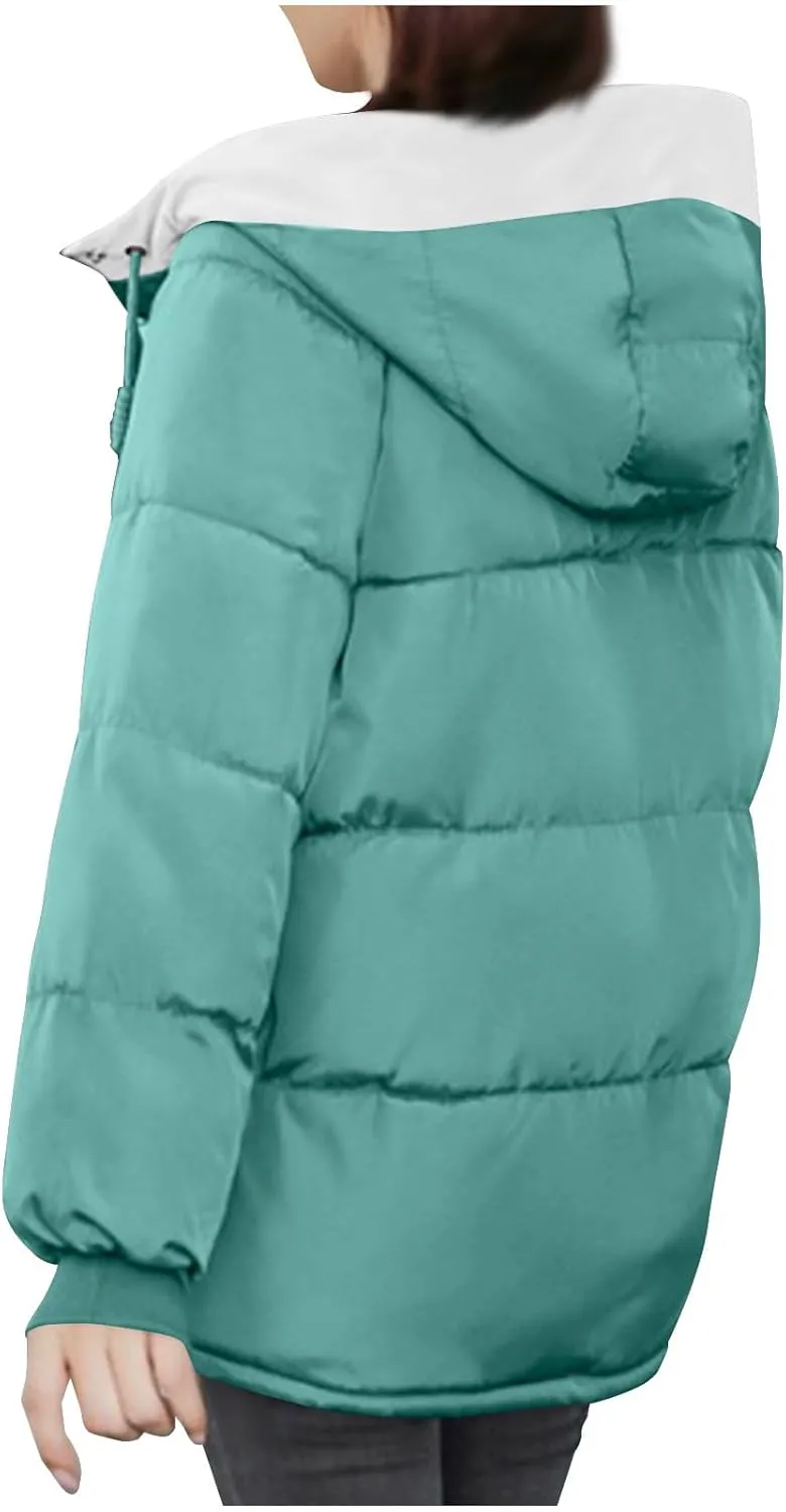 Lmdudan Women's Cropped Puffer Jacket 2024 Winter Down Coat Hooded Outerwear Warm Quilted Puffer Jackets with Pockets