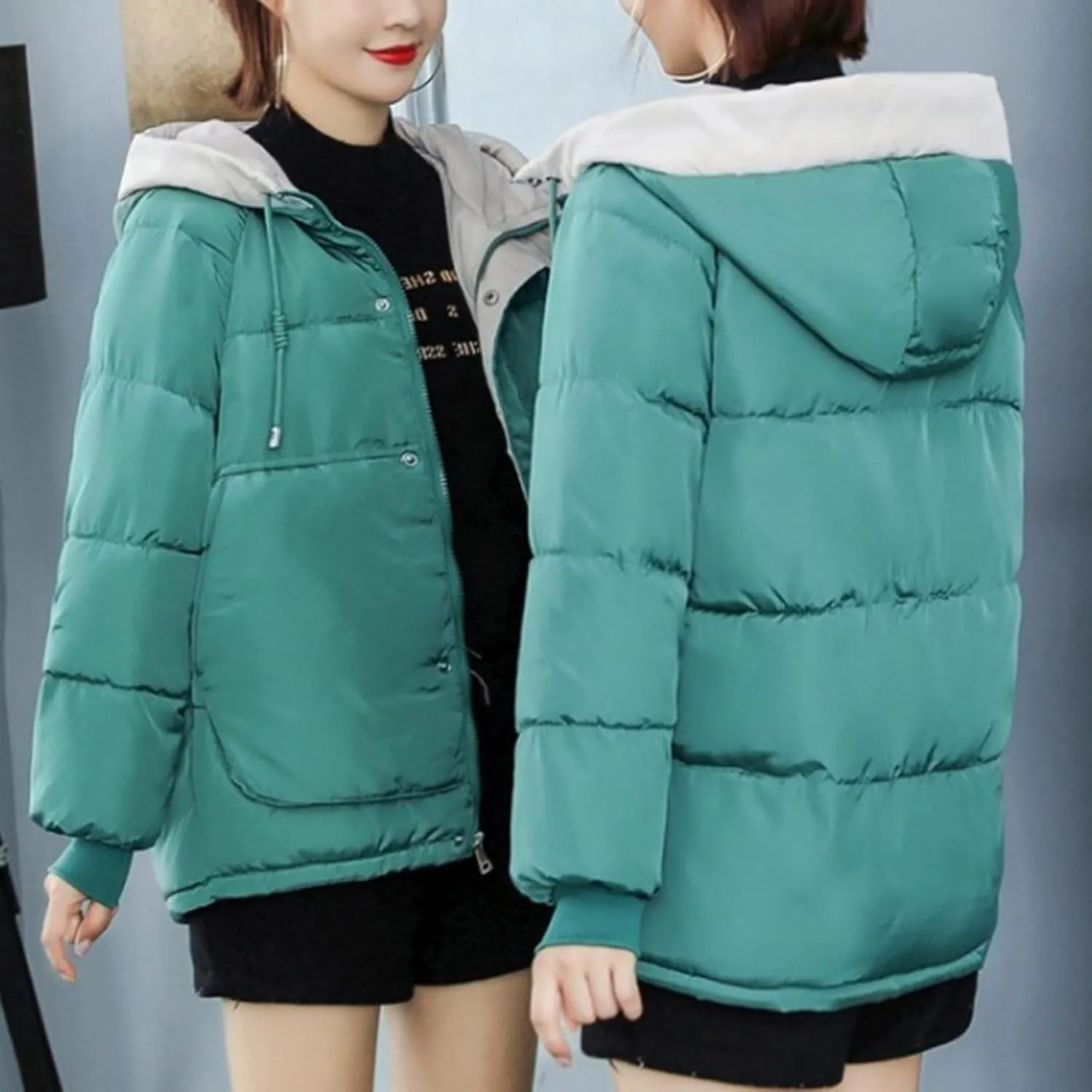 Lmdudan Women's Cropped Puffer Jacket 2024 Winter Down Coat Hooded Outerwear Warm Quilted Puffer Jackets with Pockets