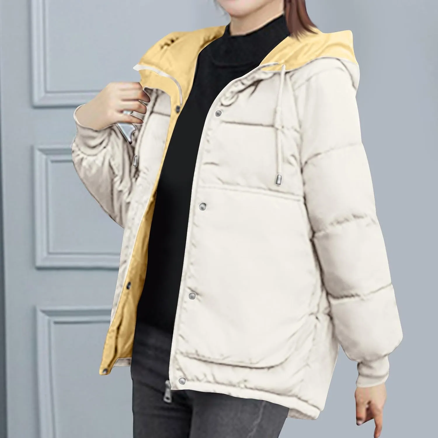 Lmdudan Women's Cropped Puffer Jacket 2024 Winter Down Coat Hooded Outerwear Warm Quilted Puffer Jackets with Pockets