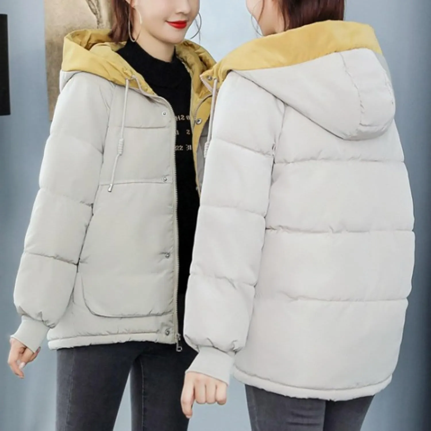Lmdudan Women's Cropped Puffer Jacket 2024 Winter Down Coat Hooded Outerwear Warm Quilted Puffer Jackets with Pockets