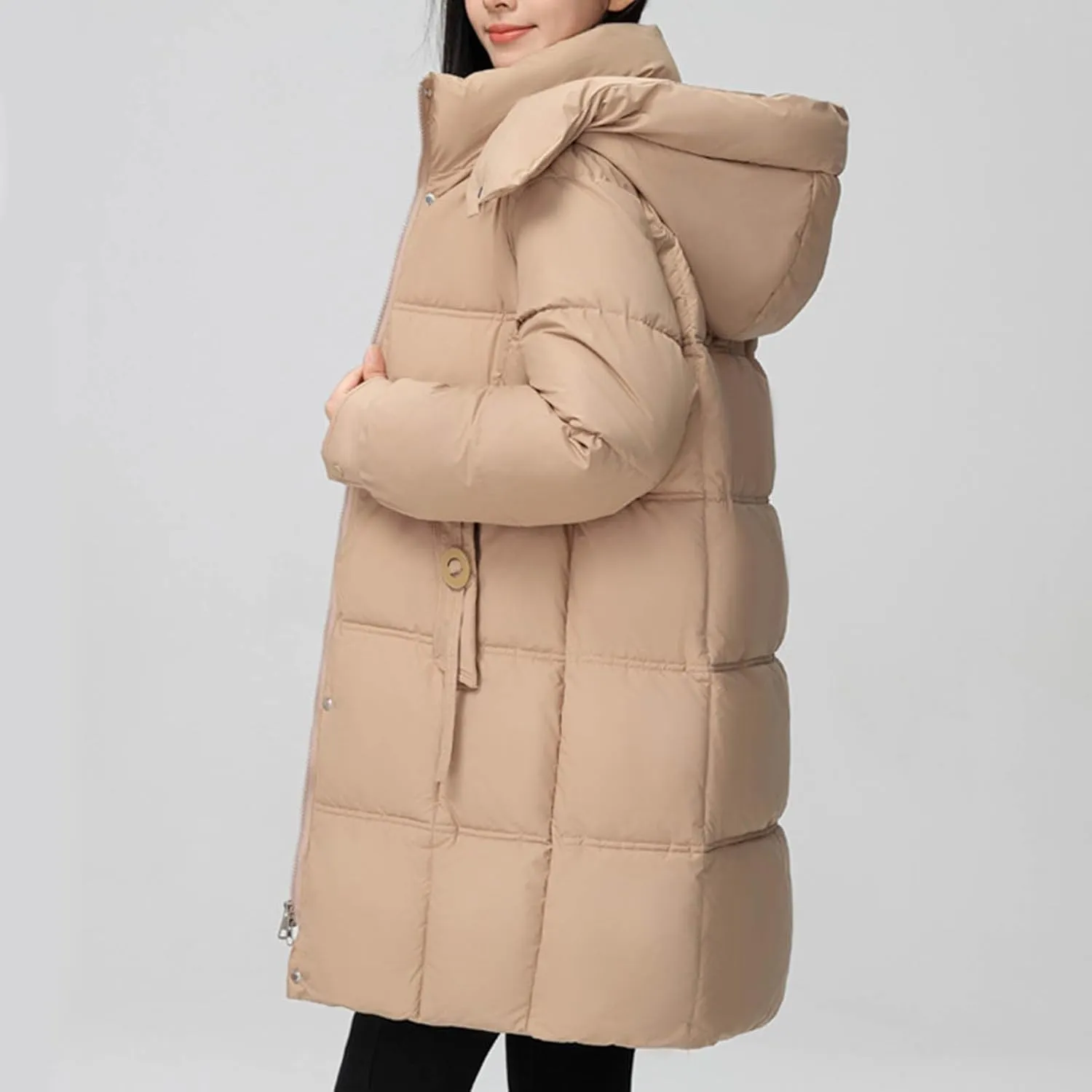 Lmdudan Women's Hooded Down Jacket Zipper Long Winter Coats Lightweight Quilted Puffer Jackets Outwear with Pockets