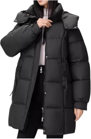 Lmdudan Women's Hooded Down Jacket Zipper Long Winter Coats Lightweight Quilted Puffer Jackets Outwear with Pockets