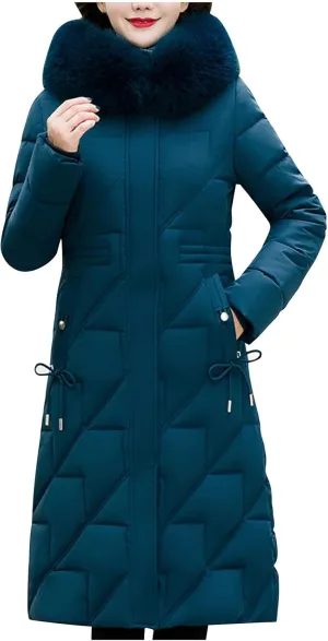 Long Down Jacket for Women Winter Hooded Zip Up Cotton Long Puffer Coat Thick Warm Trendy Parka Outerwear 2024