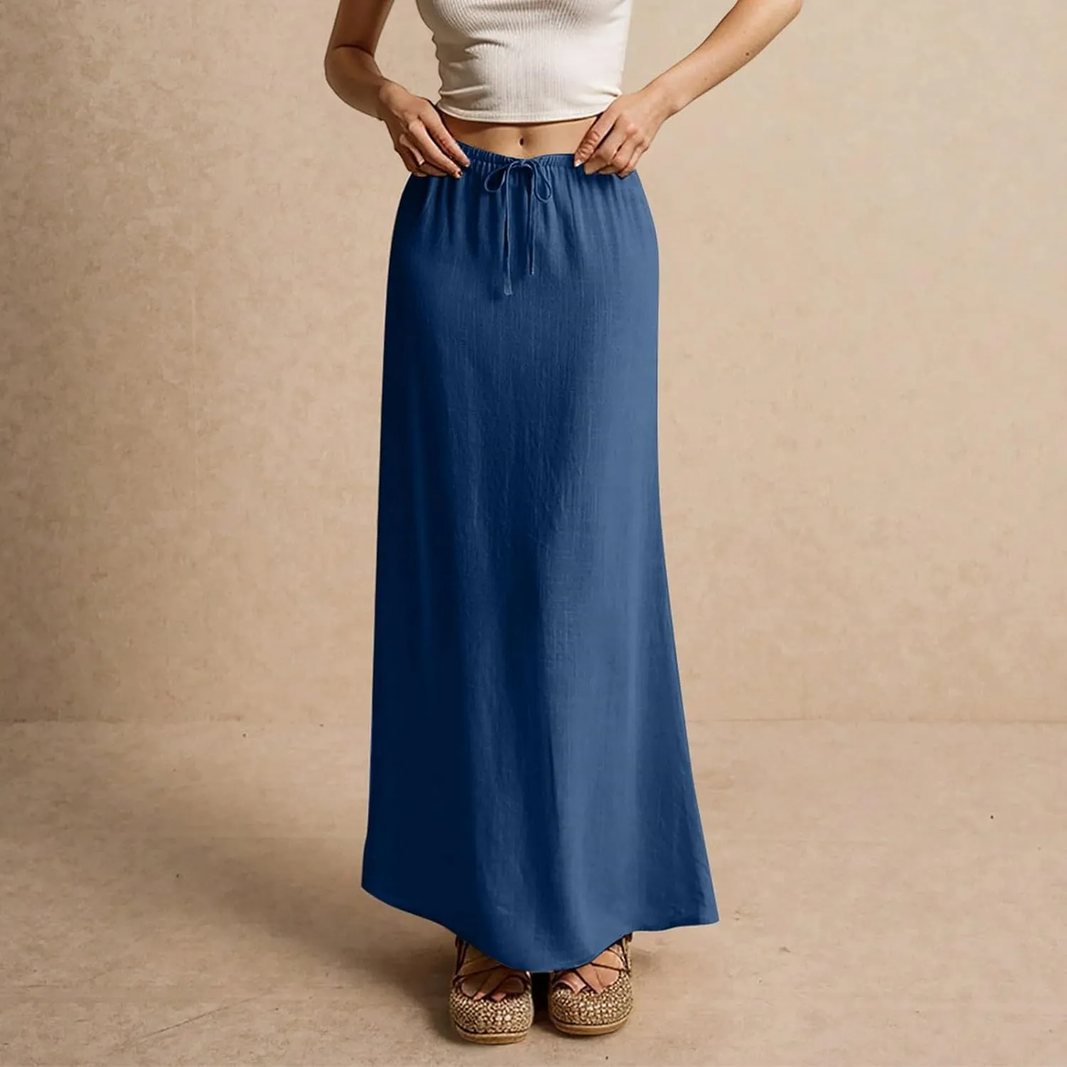Long Skirts for Women Womens Linen Maxi Skirt with Slit Comfy Drawstring Low Rise Flowy Skirts Plus Size Summer