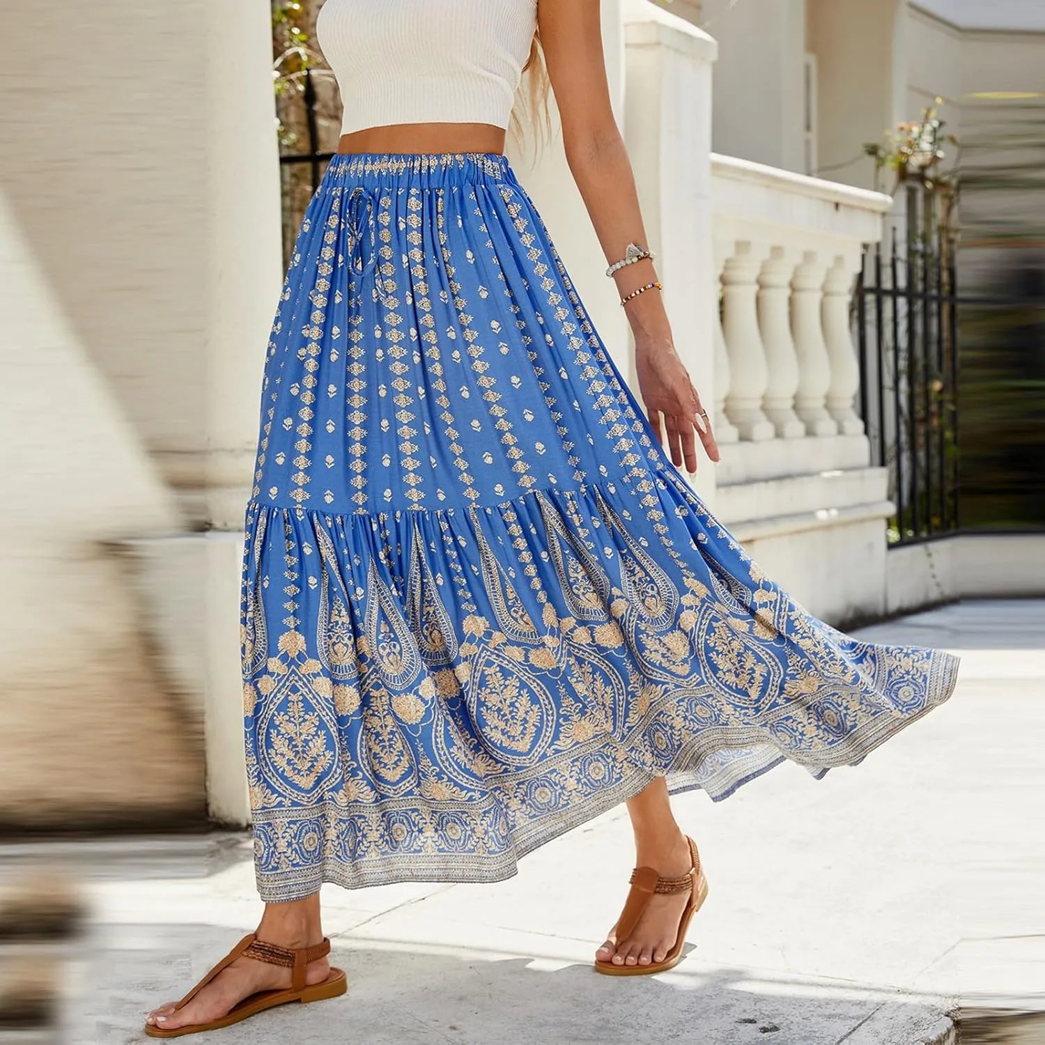 Long Skirts,Wrap Drawstring Tiered Boho Skirt Spring Summer Plus Size Flowy Maxi Skirts for Women 2025 Trendy