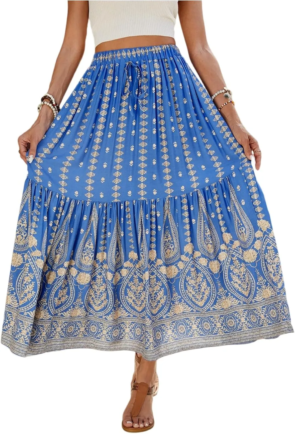 Long Skirts,Wrap Drawstring Tiered Boho Skirt Spring Summer Plus Size Flowy Maxi Skirts for Women 2025 Trendy