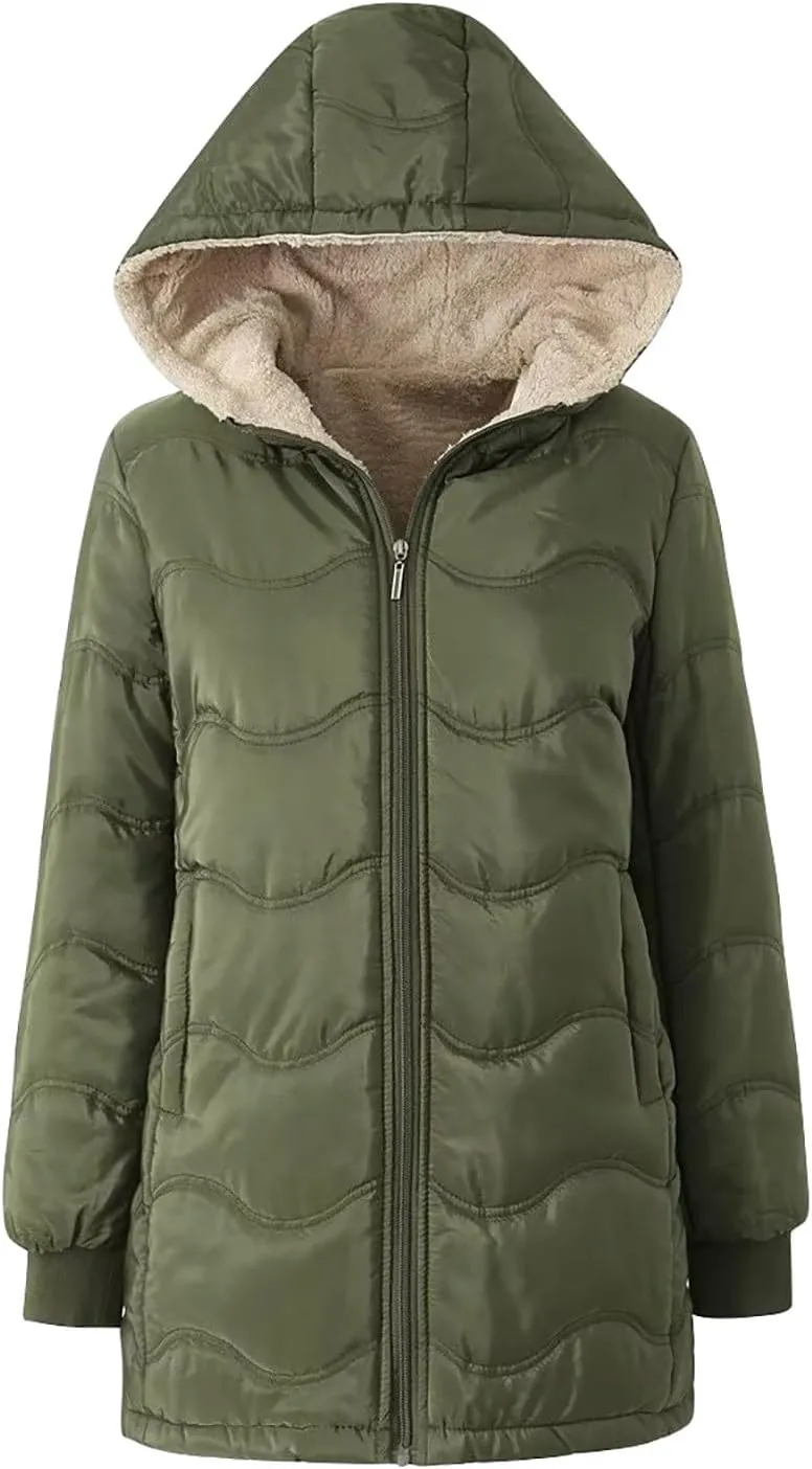 Long Winter Sherpa Lined Coats For Women Warm Thicken Down Puffer Jackets Parka Chunky Hooded Quilted Padded Jacket