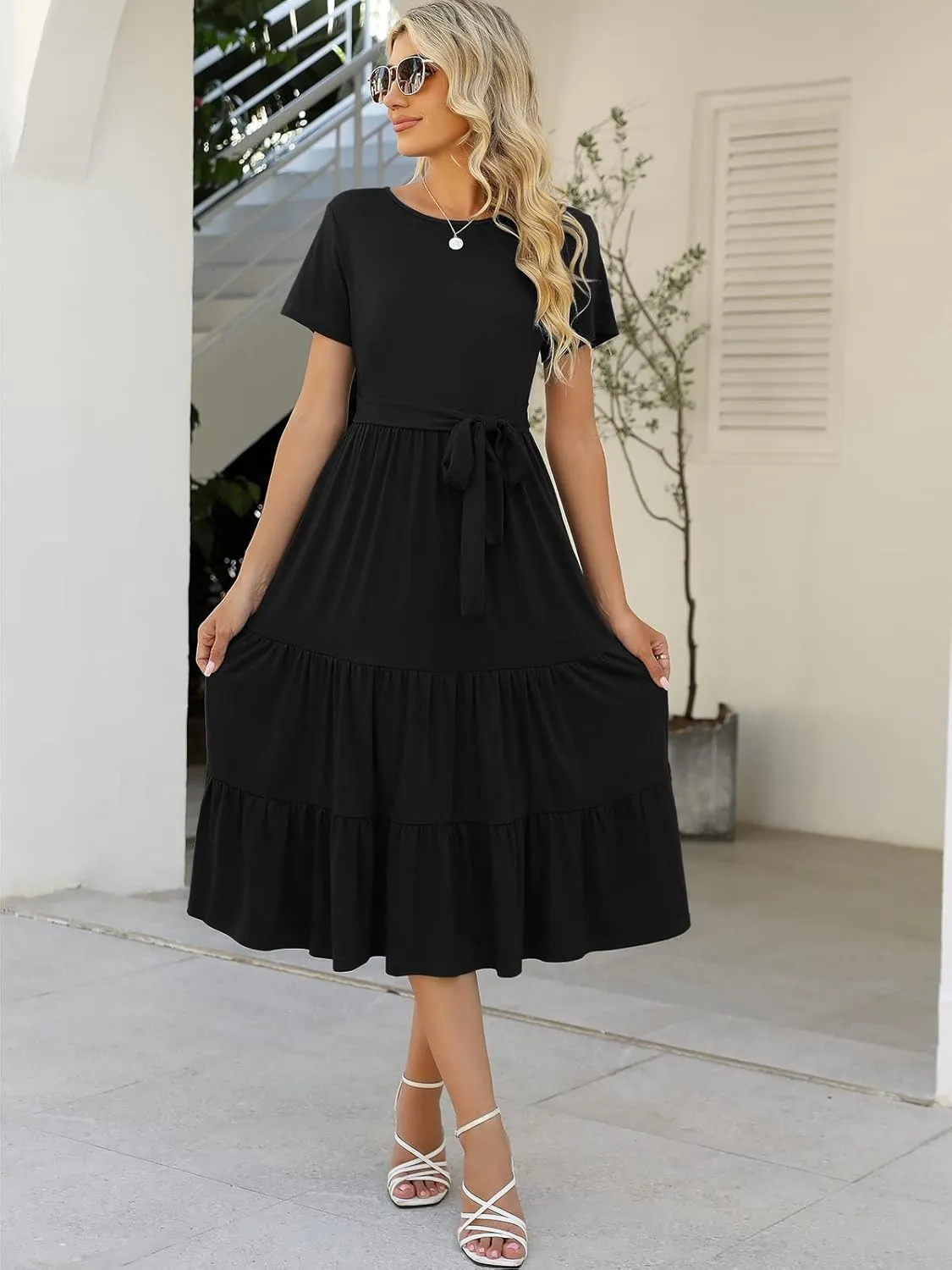 Lyrur Women's Dresses Casual Summer Tiered Midi Dress Short Sleeve Belted Ruffle Babydoll Boho Sundress with Pockets