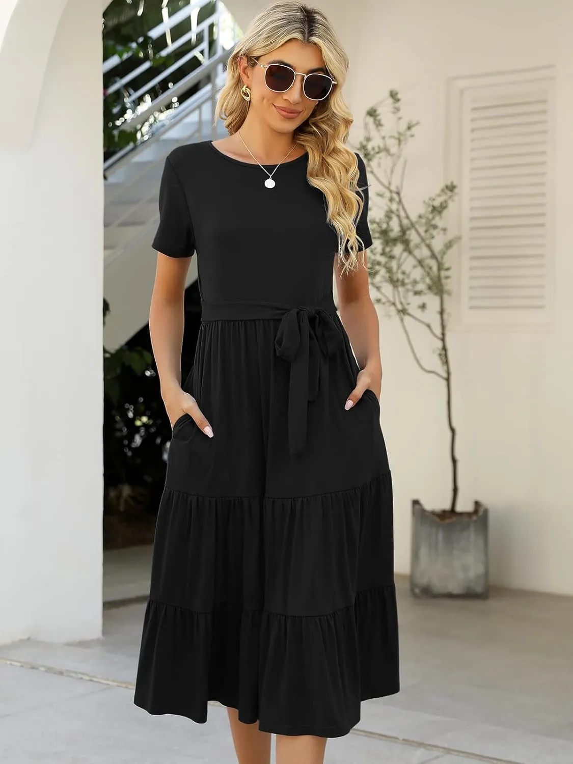 Lyrur Women's Dresses Casual Summer Tiered Midi Dress Short Sleeve Belted Ruffle Babydoll Boho Sundress with Pockets