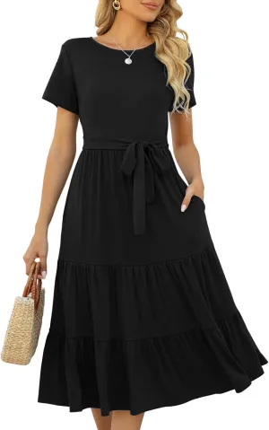 Lyrur Women's Dresses Casual Summer Tiered Midi Dress Short Sleeve Belted Ruffle Babydoll Boho Sundress with Pockets
