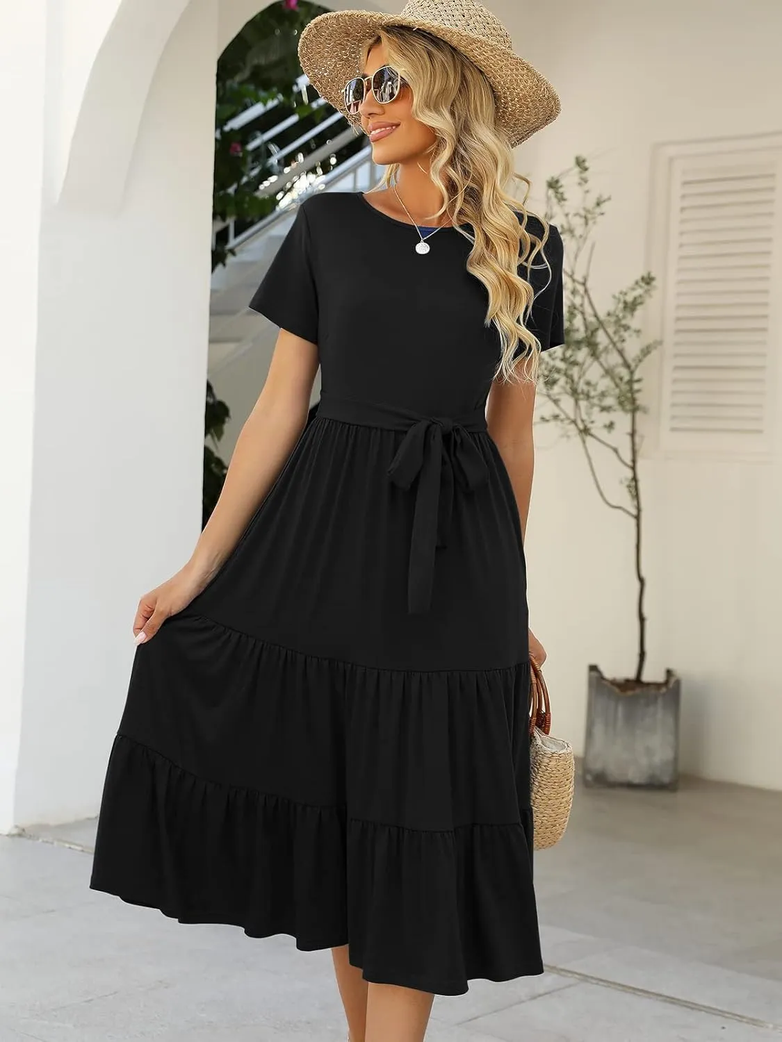 Lyrur Women's Dresses Casual Summer Tiered Midi Dress Short Sleeve Belted Ruffle Babydoll Boho Sundress with Pockets